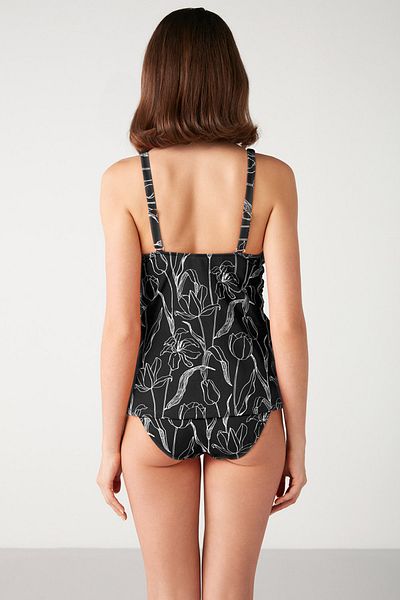 Kom Red Patterned Removable Coated Wireless Thick Bottom Tankini With Fixed Strap
