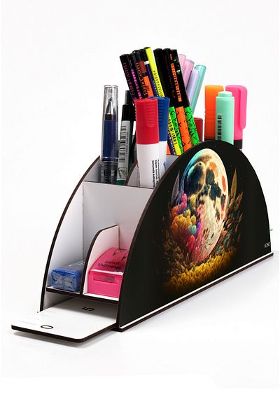 kutuTR Wooden VIP Aİ Model Series Desktop Pen Holder Organizer with Rainbow Ruler Assembled Box