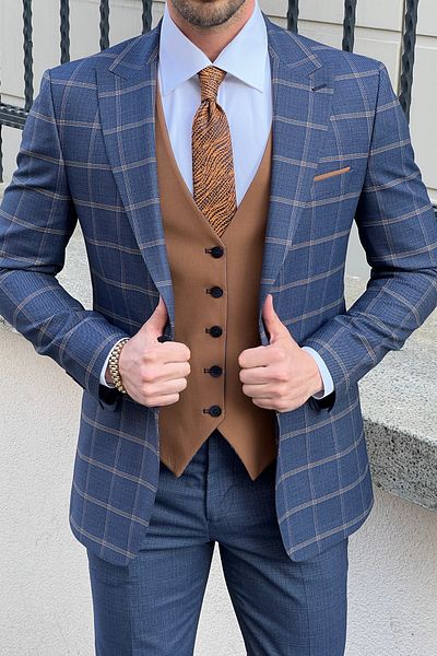 NAZEF Slim-Fit Men's Wool Combination Suit with Plaid Vest