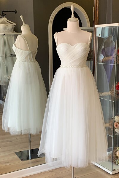 Lenta Moda Beyaz Drapeli Ve Inci Detaylı Midi Boy Tül Abiye & Nikah Elbisesi