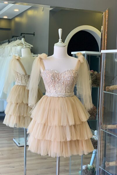 Lenta Moda Ten Rengi Dantel Kaplı Mini Gece Ve Parti Elbisesi