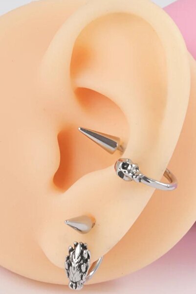 Jaida Moda Unisex Gri Kuru Kafa Figürlü Spayk Tasarım Çelik Küpe