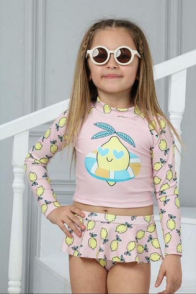 PODIUM GYM Trendy Patterned (UV) Sun Protection Long Sleeve Girls' Crop Top Mini Skirt Ruffle Bikini Set