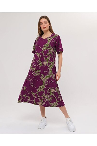 Nehir tekstil Πεντάγωνο γιακά Κομμάτι ραμμένο μισό μανίκι συν μέγεθος βαμβακερό χτενισμένο φόρεμα