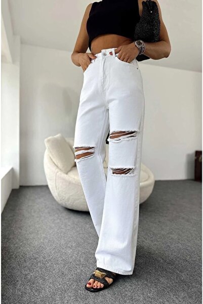 LİMABEL High Waist White Ripped Palazzo Jeans White Loose Jeans