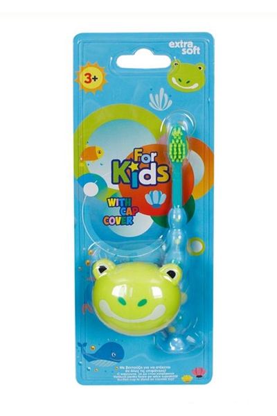 QUEEN AKSESUAR Children's toothbrush set with imported suction cup pot holder cover blue green frog extra soft