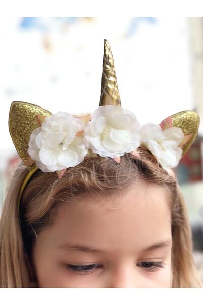 QUEEN AKSESUAR Altın gold özel tasarım simli çiçekli boynuzlu unicorn tacı do...