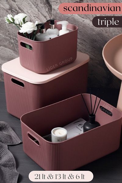 LİGROUND Triple 6 lt & 13 lt & 21 lt Storage Box with Lid - Organizer - Decorative Box