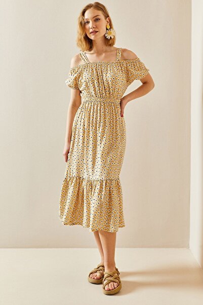 XHAN Rochie bej cu umăr jos cu model floral 3yxk6-47311-25