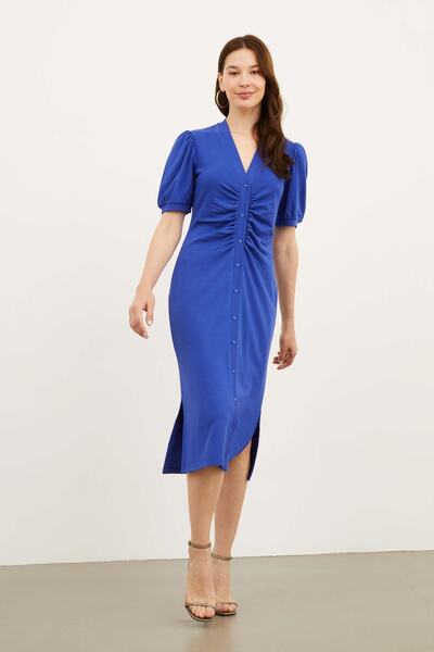 Hanna's by Hanna Darsa Women's Midi Length V Neck Front Buttoned Watermelon Sleeve Knitted Dress
