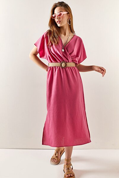 Olalook Rosafarbenes Damenkleid aus Leinen mit Gürtel und doppeltem Schlitz E...