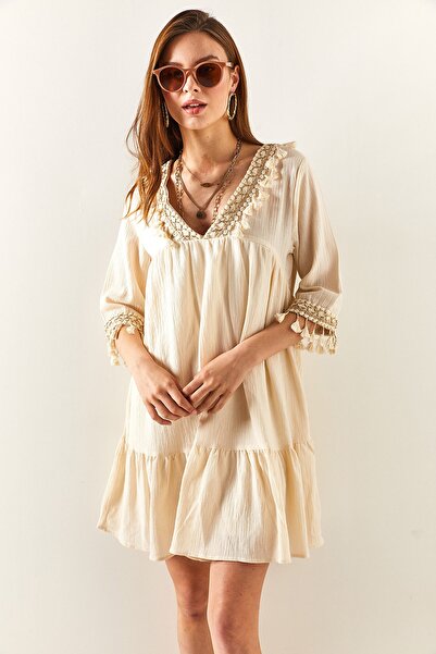 Olalook Women's Stone Guipure Detailed Lined Mini Linen Dress ELB-19001917