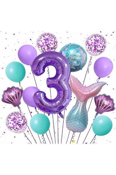Parti Station Purple Color Mermaid Concept 3 Year Old Number Balloon Set Mermaid Themed Birthday Party Set