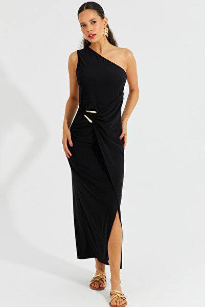 Cool & Sexy Γυναικείο Μαύρο Μάξι Φόρεμα με One Shoulder Bockle BK1658