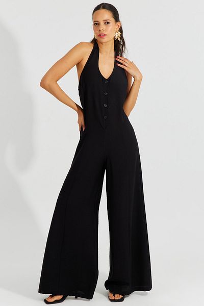Cool & Sexy Salopetă neagră de damă, cu gât cu șalț Gimped largi BK1660