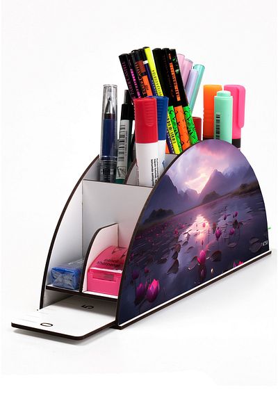 kutuTR Wooden VIP Aİ Model Series Desktop Pen Holder Organizer with Rainbow Ruler Assembled Box