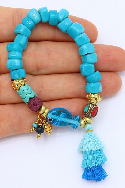Esra Pamir Turquoise Nepal Glass Natural Lava Stone Handmade Bracelet