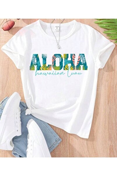 MORNİNG KİDS Tricou alb din bumbac pieptănat pentru copii cu imprimeu ALOHA
