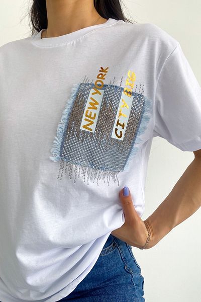 FEMELLE Women's White New Season Pocket Leaf Printed Cotton T-Shirt with Denim Detail