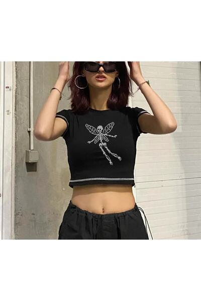 Gofeel Πιξελατικό μπλουζάκι με φτερωτό σκελετό, μαύρο, γυναικείο, κοντό τοπ