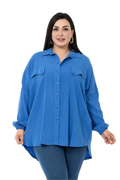 DISENTIS MODEST Large Size Indigo Shirt with Pocket Cover Detail and Elastic ...