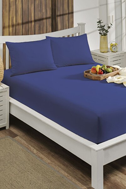 LIV CALISTA 120x200 Elastic Sheet Set Cotton Ranforce Duvet Cover Fabric Single 30 Cm Edge Navy Blue