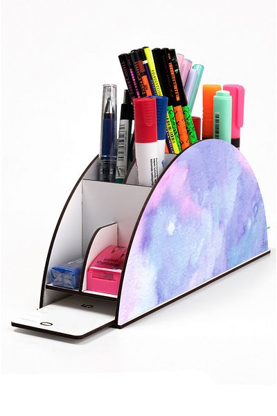 kutuTR Wooden VIP Aİ Model Series Desktop Pen Holder Organizer with Rainbow Ruler Assembled Box