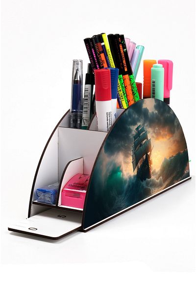 kutuTR Wooden VIP Ocean Series Rainbow Ruled Desktop Pen Holder Organizer with Assembled Box