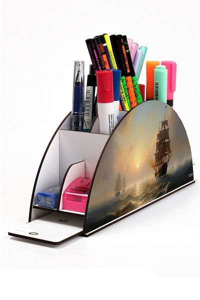 kutuTR Wooden VIP Ocean Series Rainbow Ruled Desktop Pen Holder Organizer with Assembled Box