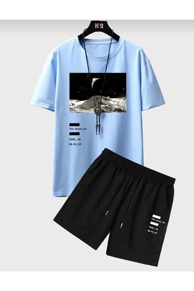 Sky Light Blue The Moon Printed Top and Bottom Set