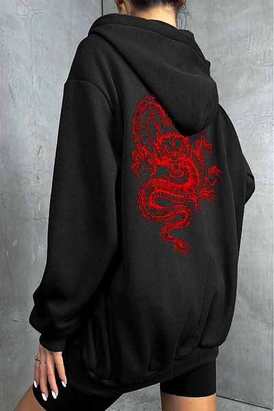 ciwi&life Unisex 2ip πλεκτό ύφασμα Oversize Ζακέτα με κουκούλα με στάμπα Red Dragon