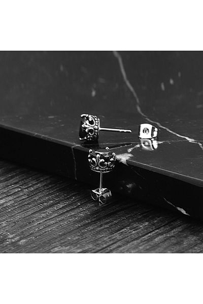Viking Taç Boutique Design King Size Large Zircon Stone Stud Model 316L Steel Men's Earrings