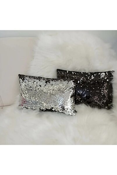 YILMAZHOME Pullu Payetli Dikdörtgen Kırlent Kılıfı - (siyah-gümüş)