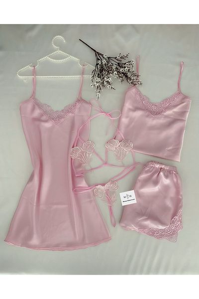 MH Moony Homewears Set de zestre cămașă de noapte din satin roz, ciocolată, 5 piese