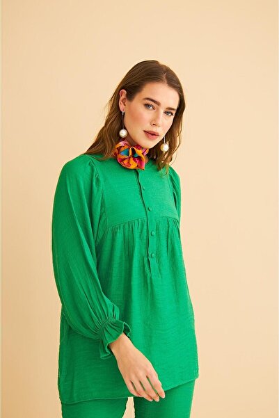 Basicpark Pinky Buttoned Smocked Linen Green Tunic Trousers