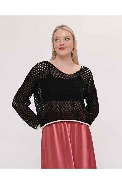 MA ananas Kadın Siyah Ajurlu Triko Bluz