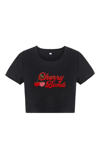 Gofeel Cherry Bomb Patterned Black Color Harajuku Women's Crop Blouse T-Shirt