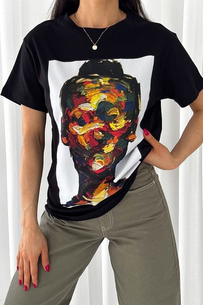 FEMELLE Tricou negru din bumbac imprimat nou sezon pentru femei