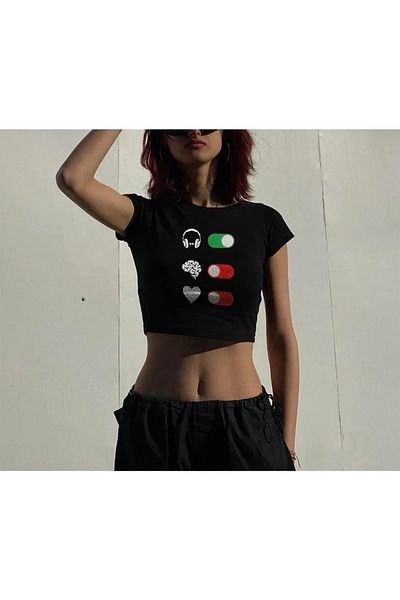 Gofeel Yes Music No Some Things Patterned Black Color Harajuku Women's Crop Blouse T-Shirt