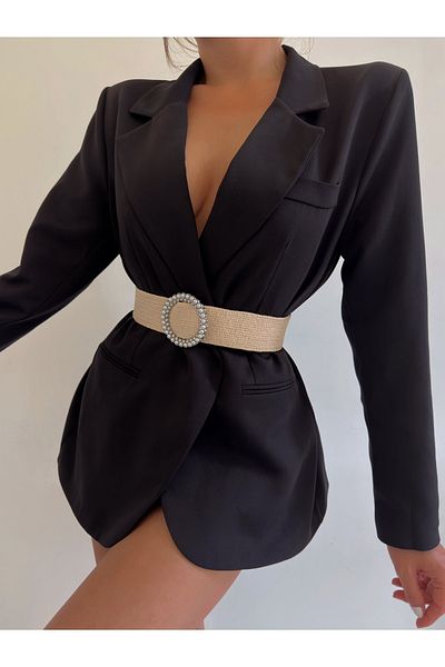 Fiori Straw Elastic Women's Belt with Pearl and Stone Silver Buckle, Jacket Belt, Shirt Belt, Dress Belt