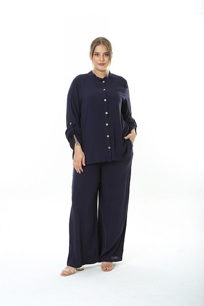 XL Modam Γυναικείο υφαντό κοστούμι βισκόζης Navy Blue Brown με κουμπιά