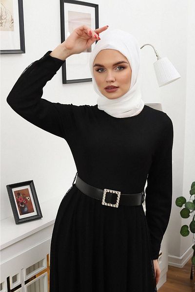 Neşeli Butik γυναικείο τούλι φόρεμα χιτζάμπ με ζώνη RSSN45 - Μαύρο