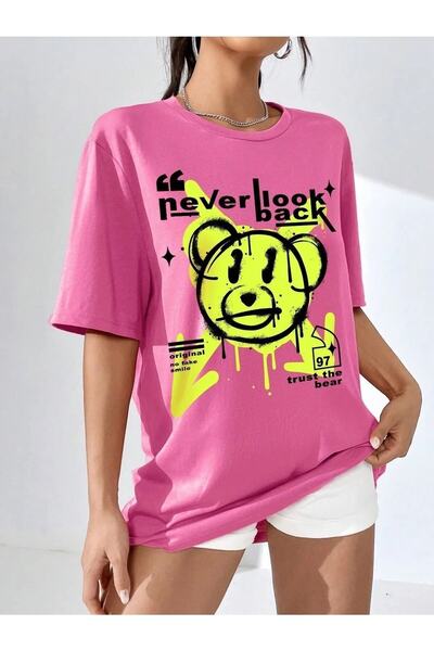 Keywest Plus Size Pink Nikada se ne osvrći Štampano Oversize kroj okrugla kra...