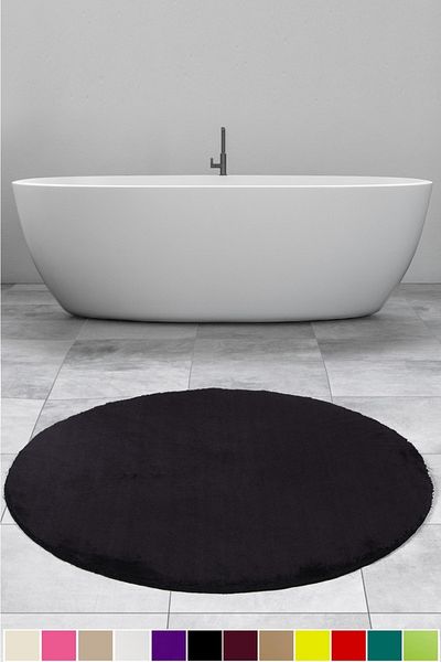 Teksev Elite Black 120x120 Cm Round Plush Bathroom Rug Anti-Slip Base Pufidik Bath Mat