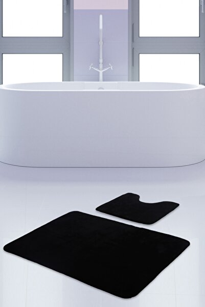 Teksev Unicolor Düz Siyah 2'li Banyo Paspası Halısı Seti Kaymaz Deri Tabanlı ...