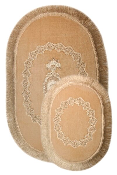 Teksev Exclusive Oval Vizon 2'li Dantelli Ve Saçaklı Banyo Paspası Püsküllü Ç...