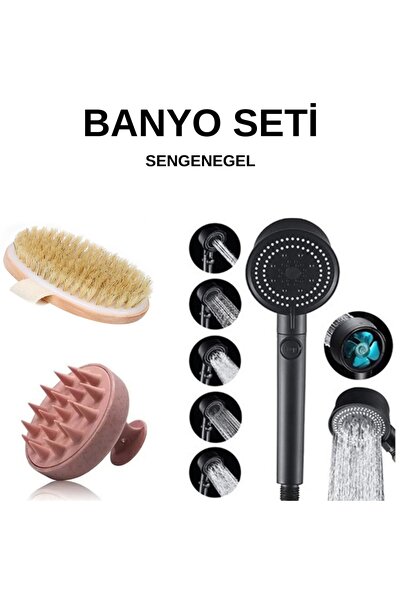 sengenegel 3'lü Set Turbo Pervaneli 5 Fonksiyonlu Duş Başlığı, Saç Bakım Fırç...