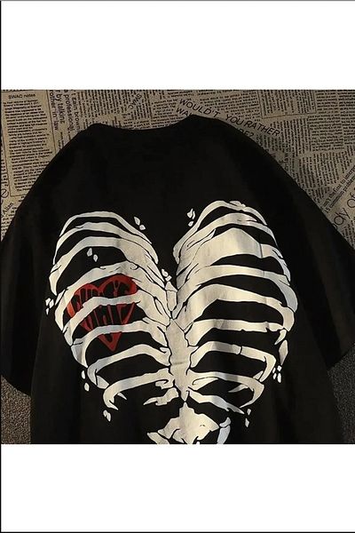 Gofeel Heart Rib Printed Black Color Unisex Oversize Printed T-shirt