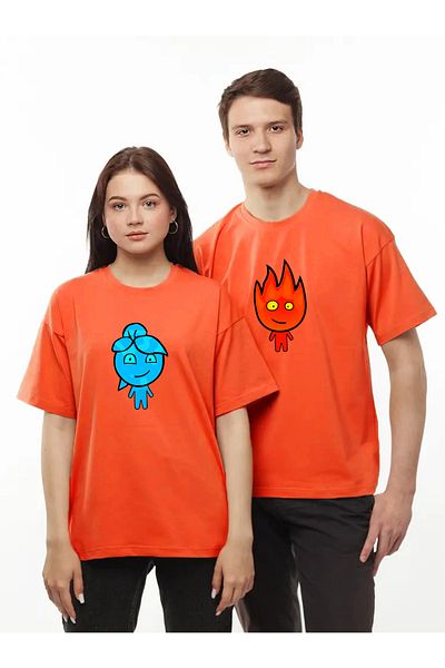 Pear Wear - Fire And Water Printed Couple T-shirt Μαύρο Oversize Lover T-shirt