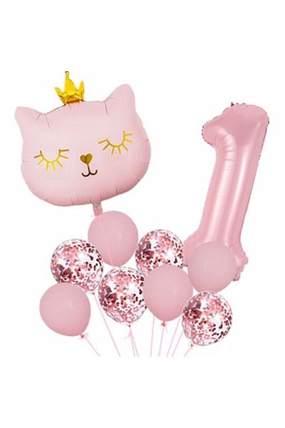 Parti Station Pink Cat 1 Year Old Balloon Set Balloon Foil Set Pink Cat Concept Birthday Set Age Balloon Set